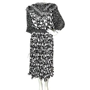 Diane Fries Dress Size M-L Polka Dot Floral Plisse Midi Long Sleeve Black White